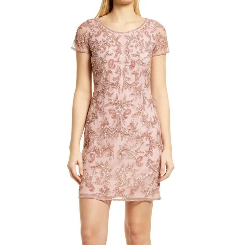 Pisarro Nights Women Tan Beaded Mesh Cocktail Mini Dress Sz 10